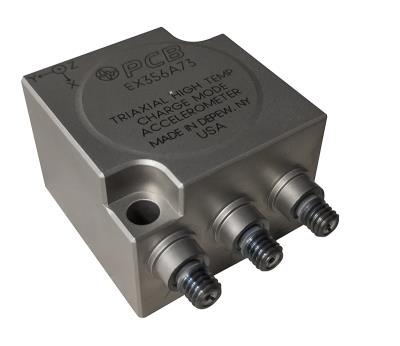 charge output triaxial accelerometer with uht-12™ element for environments up to +900 f, 3.2 pc/g, 500 g measurement range, ±5% frequency range up to 4 khz, three 10-32 side connectors, case isolated